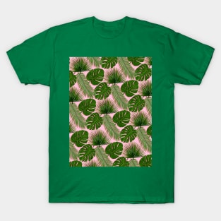 Tropical Leaf Pattern on Pink T-Shirt